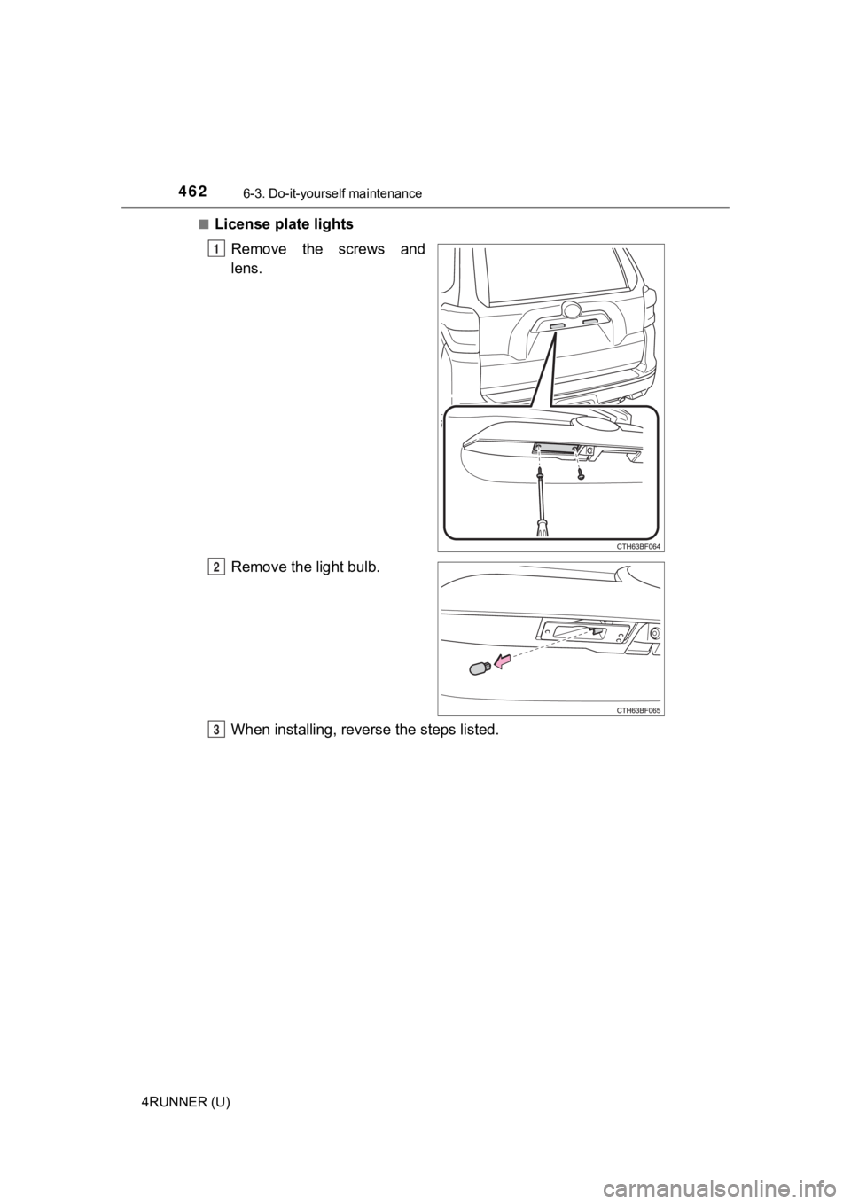 TOYOTA 4RUNNER 2023  Owners Manual 4626-3. Do-it-yourself maintenance
4RUNNER (U)■
License plate lights
Remove the screws and
lens.
Remove the light bulb.
When installing, reverse the steps listed.
1
2
3 
