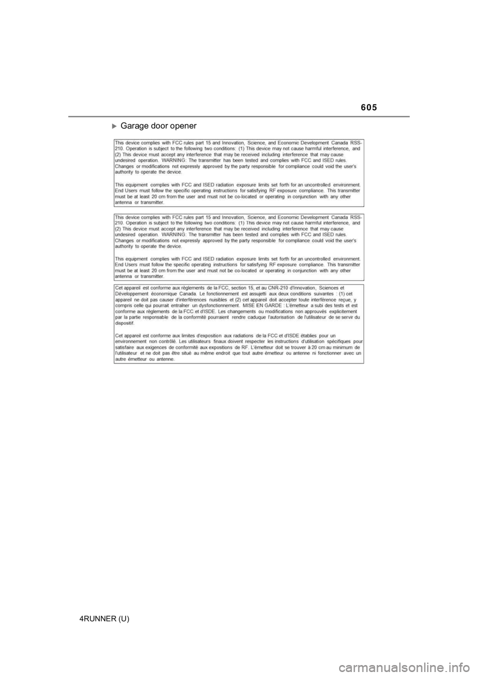 TOYOTA 4RUNNER 2023  Owners Manual 605
4RUNNER (U)
Garage door opener 