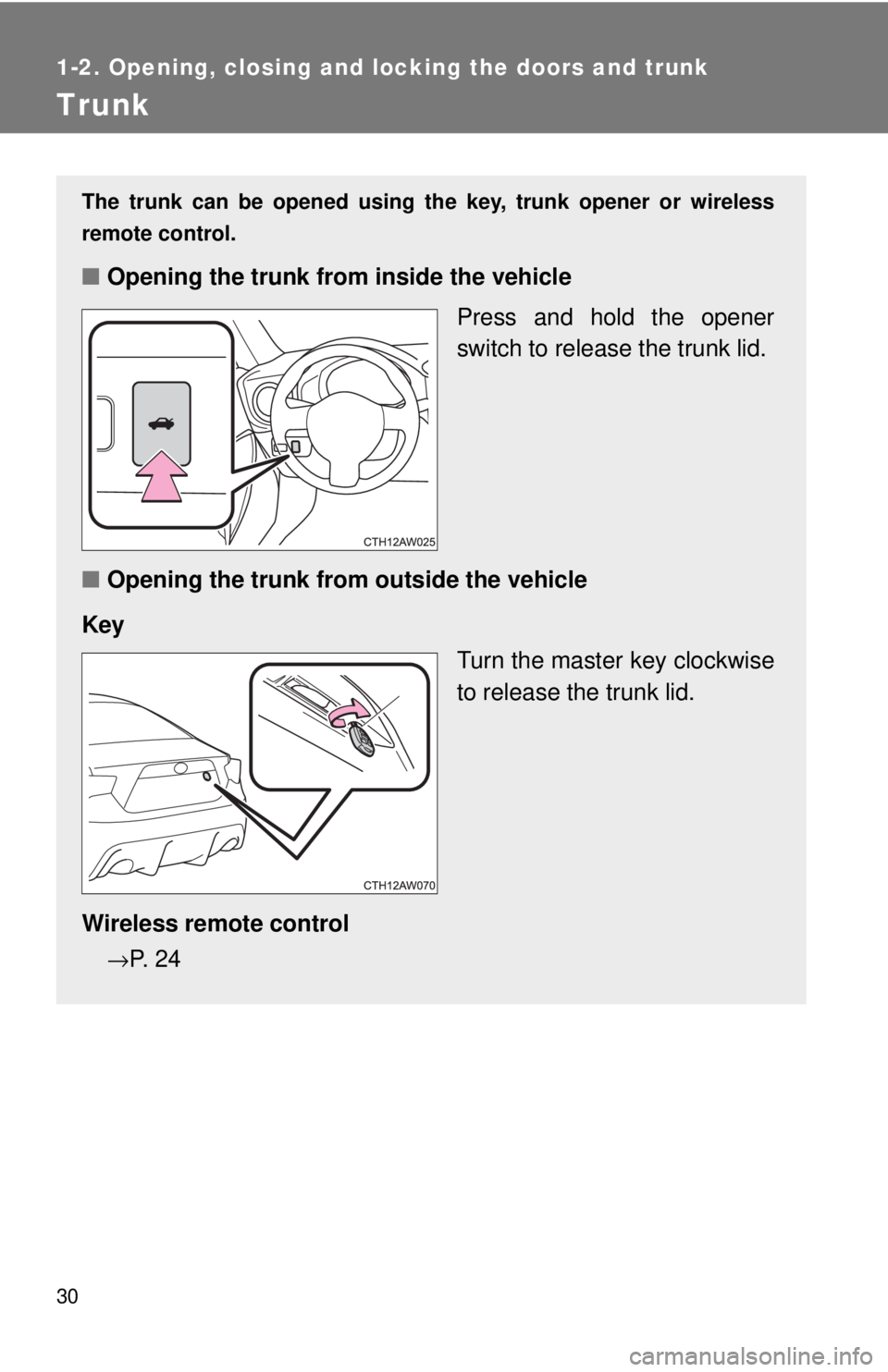 TOYOTA 86 2017  Owners Manual 301-2. Opening, closing and locking the doors and trunk
Trunk The trunk can be opened using  the key, trunk opener or wireless
remote control. 
■ Opening the trunk from inside the vehicle
Press and 