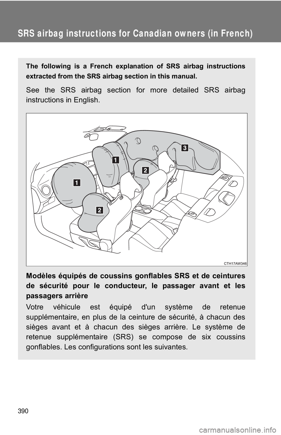 TOYOTA 86 2017  Owners Manual 390SRS airbag instructions for Canadian owners (in French) The following is a French explanation of SRS airbag instructions
extracted from the SRS airbag section in this manual.
See the SRS airbag sec