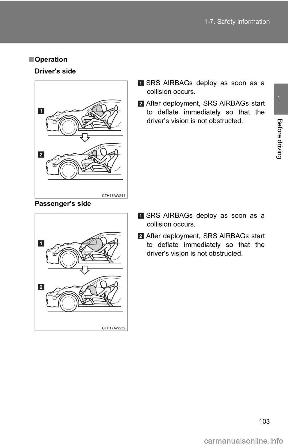 TOYOTA 86 2019  Owners Manual 1031-7. Safety information
1
Before driving ■ Operation
Driver's side
Passenger’s side SRS  AIRBAGs  deploy  as  soon  as  a
collision occurs.
After  deployment,  SRS AIRBAGs  start
to  deflat