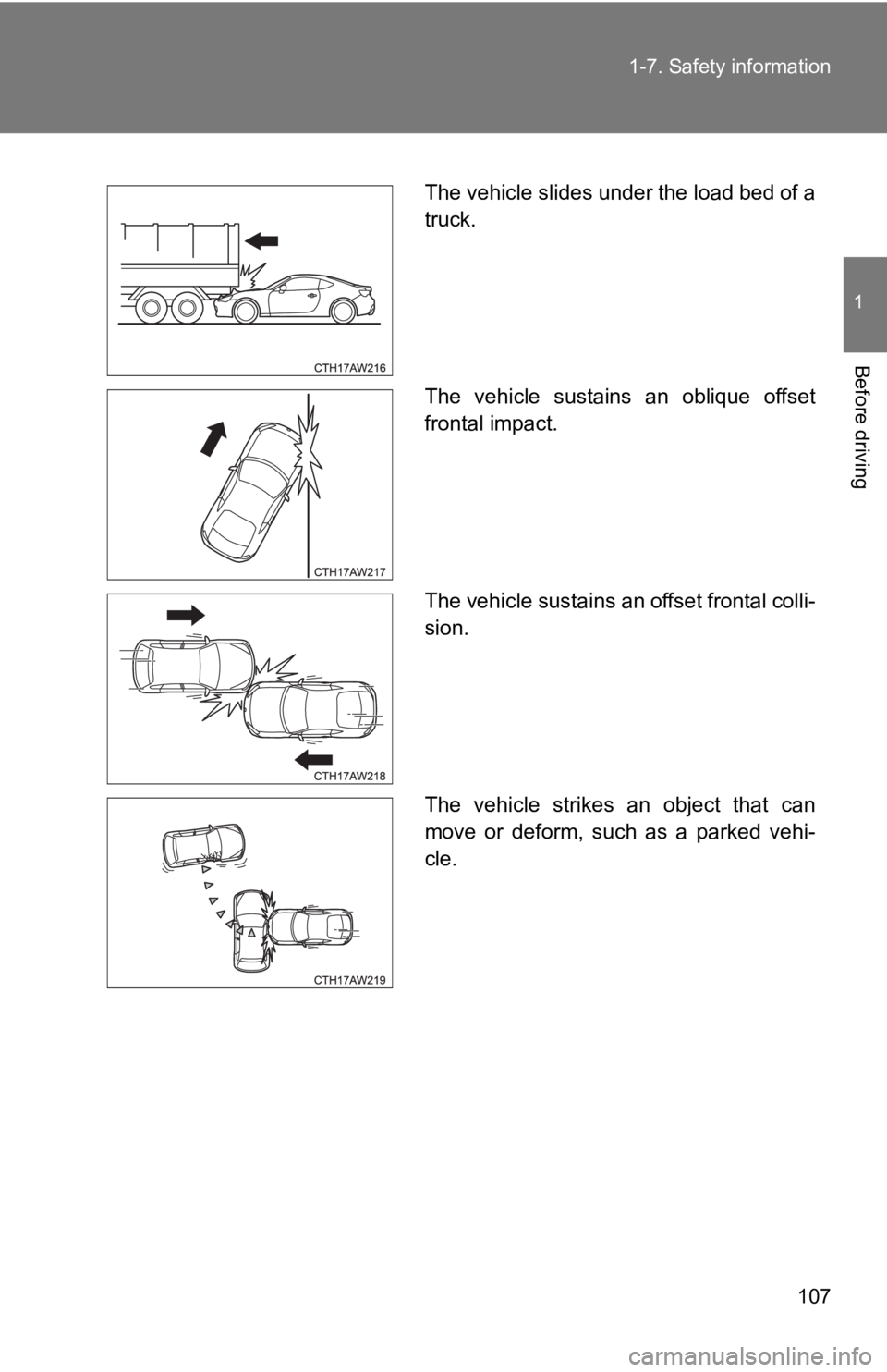 TOYOTA 86 2019  Owners Manual 1071-7. Safety information
1
Before driving The vehicle slides under the load bed of a
truck.
The  vehicle  sustains  an  oblique  offset
frontal impact.
The vehicle sustains an offset frontal colli-

