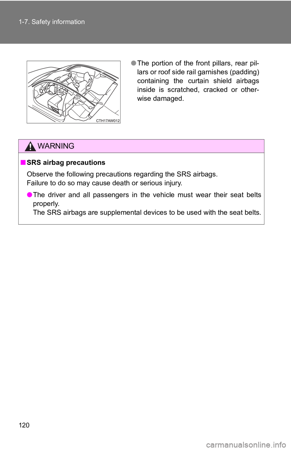 TOYOTA 86 2019  Owners Manual 1201-7. Safety information
WARNING■ SRS airbag precautions
Observe the following precautions regarding the SRS airbags. 
Failure to do so may cause death or serious injury.
● The  driver  and  all