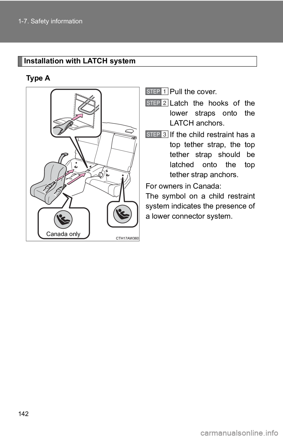 TOYOTA 86 2019  Owners Manual 1421-7. Safety information
Installation with LATCH system
Ty p e  A
Pull the cover.
Latch  the  hooks  of  the
lower  straps  onto  the
LATCH anchors.
If the child restraint has a
top  tether  strap, 