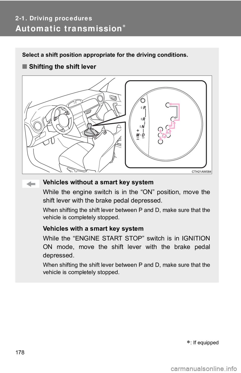 TOYOTA 86 2019  Owners Manual 1782-1. Driving procedures
Automatic transmission Select a shift position appropriat e for the driving conditions.
■ Shifting the shift lever
Vehicles without a  smart key system
While  the  engi