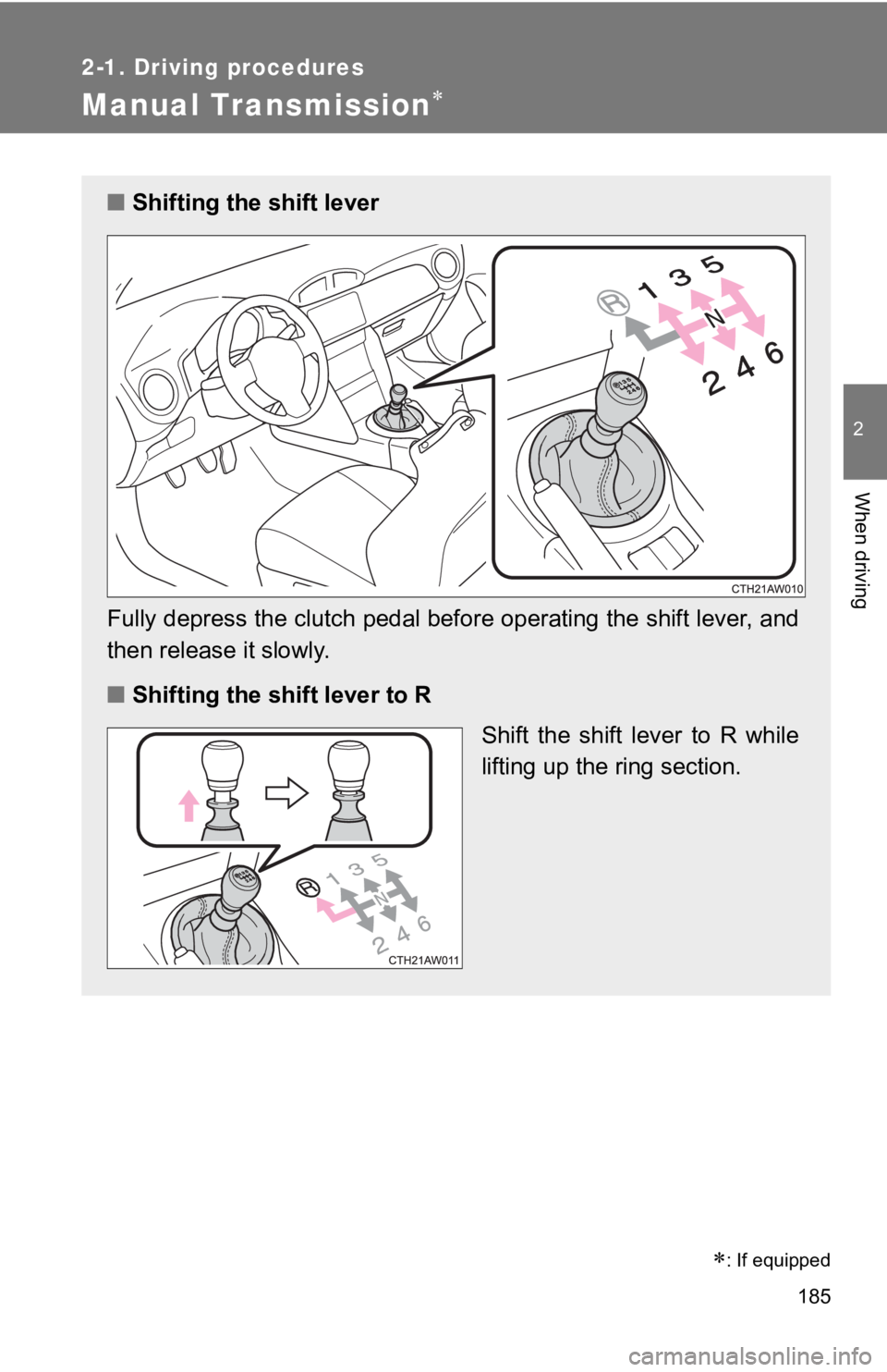 TOYOTA 86 2019  Owners Manual 1852-1. Driving procedures
2
When driving
Manual Transmission 
 : If equipped■ Shifting the shift lever
Fully depress the clutch pedal before operating the shift lever , and
then release it sl
