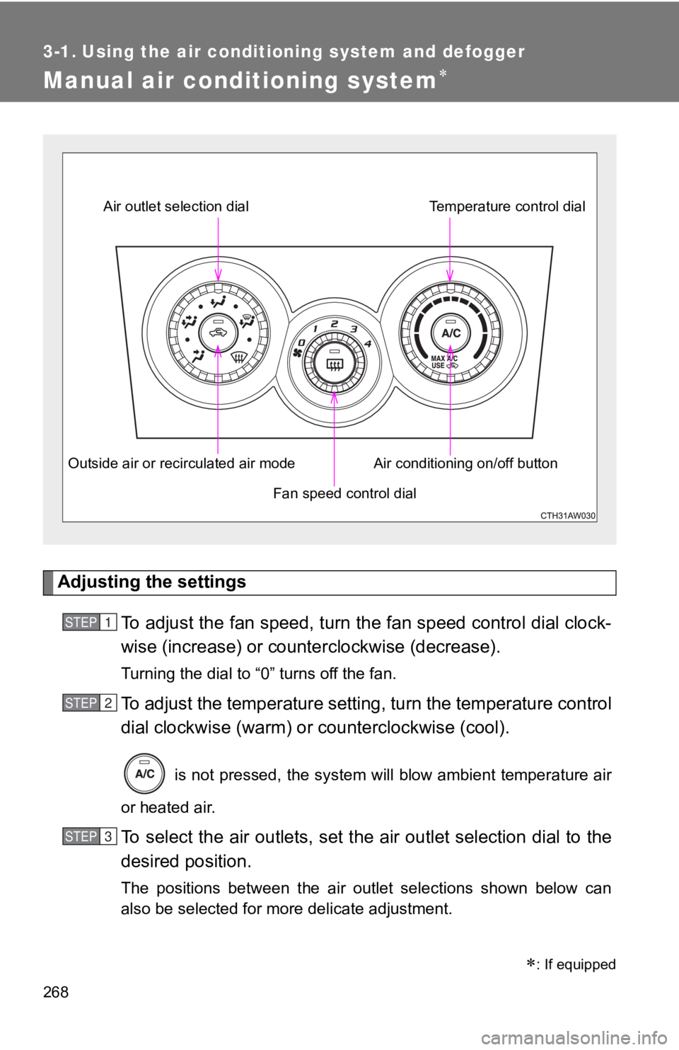 TOYOTA 86 2019  Owners Manual 2683-1. Using the air conditioning system and defogger
Manual air conditioning system 
Adjusting the settings
To adjust the fan speed, turn th e fan speed control dial clock-
wise (increase) or cou