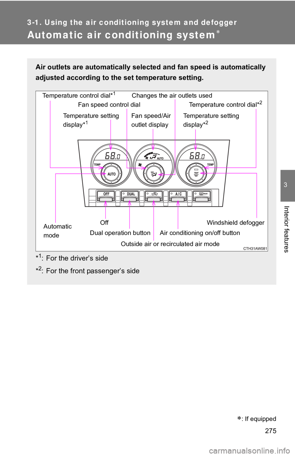 TOYOTA 86 2019  Owners Manual 2753-1. Using the air conditioning system and defogger
3
Interior features
Automatic air conditioning system 
 : If equippedAir outlets are automatically sel ected and fan speed is automat icall