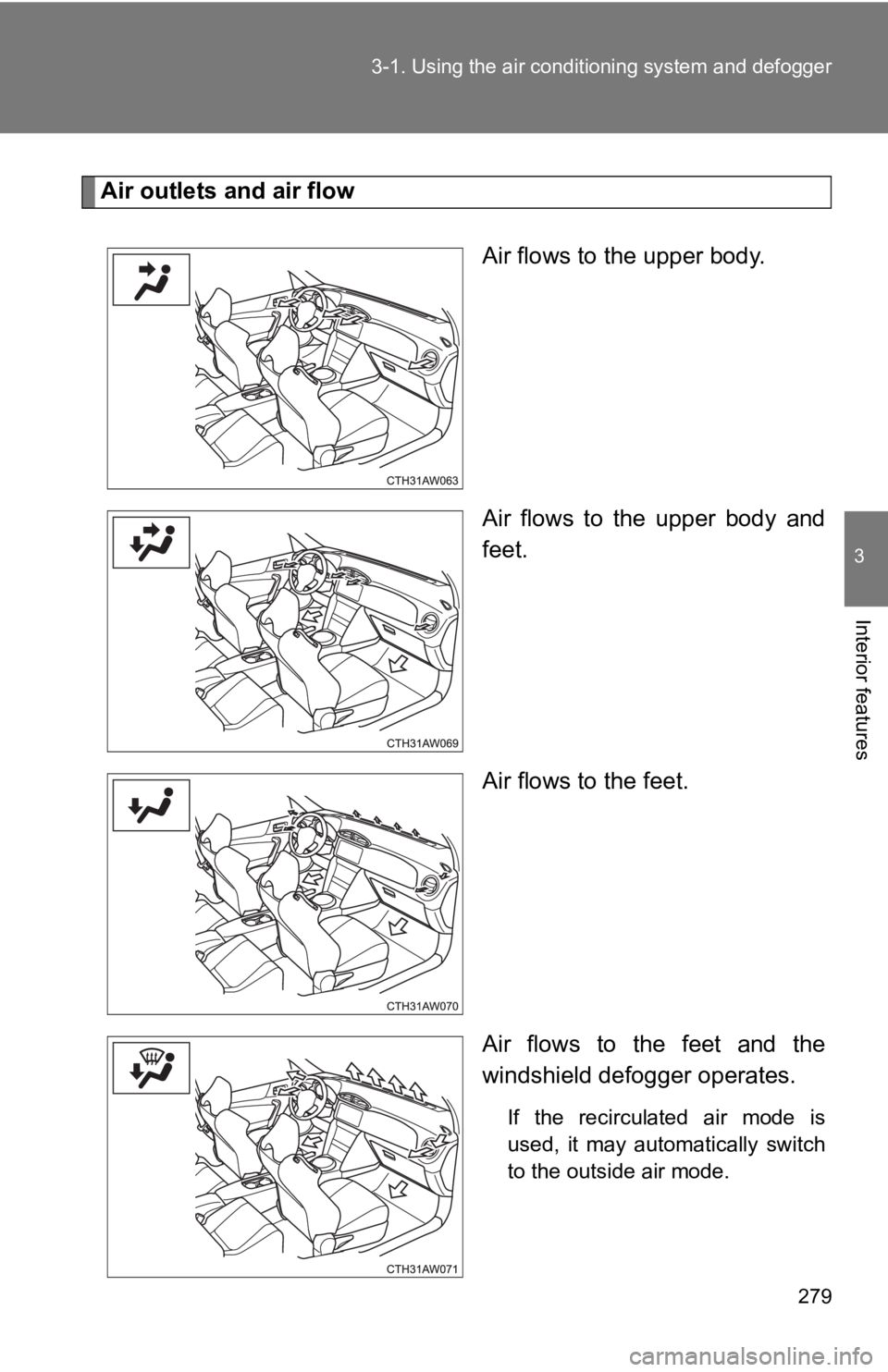 TOYOTA 86 2019  Owners Manual 2793-1. Using the air condit ioning system  and defogger
3
Interior features Air outlets and air flow
Air flows to the upper body.
Air  flows  to  the  upper  body  and
feet.
Air flows to the feet.
Ai
