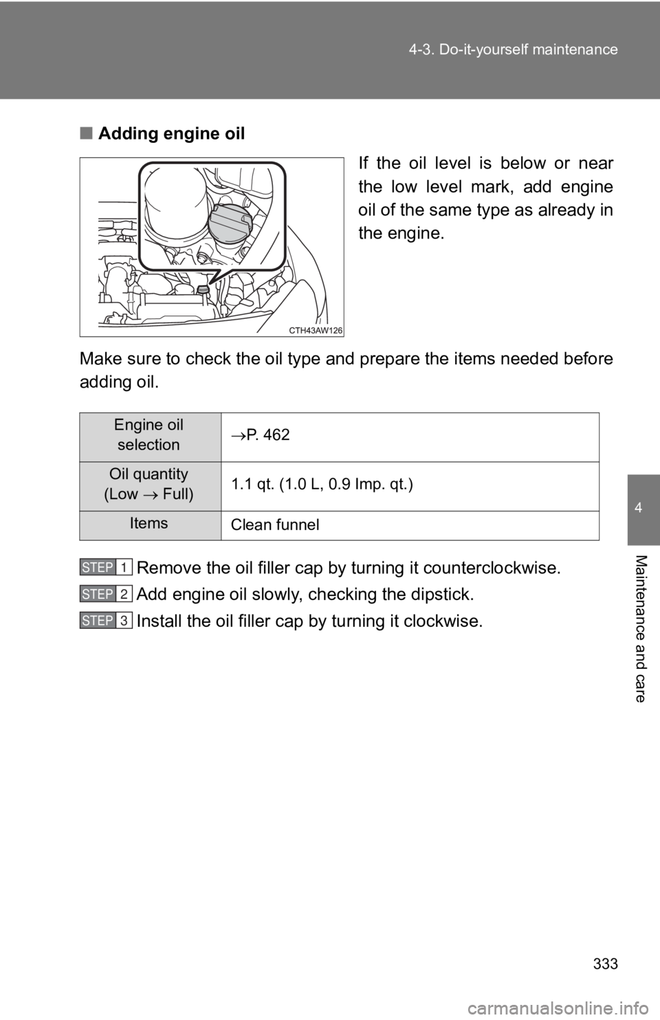 TOYOTA 86 2019  Owners Manual 3334-3. Do-it-yourself maintenance
4
Maintenance and care ■ Adding engine oil
If  the  oil  level  is  below  or  near
the  low  level  mark,  add  engine
oil of the same type as already in
the engi