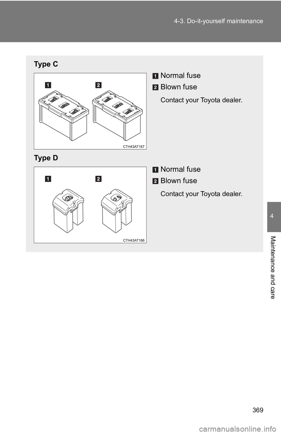 TOYOTA 86 2019  Owners Manual 3694-3. Do-it-yourself maintenance
4
Maintenance and care Ty p e   C
Normal fuse
Blown fuse Contact your Toyota dealer.
Ty p e   D
Normal fuse
Blown fuse Contact your Toyota dealer. 