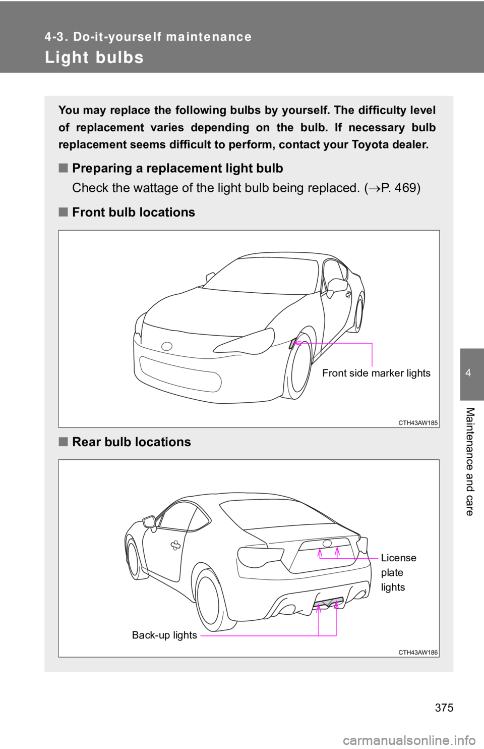 TOYOTA 86 2019  Owners Manual 3754-3. Do-it-yourself maintenance
4
Maintenance and care
Light bulbs You may replace the following bulbs by yourself. The difficulty  level
of  replacement  varies  depending  on  the  bulb.  If  nec