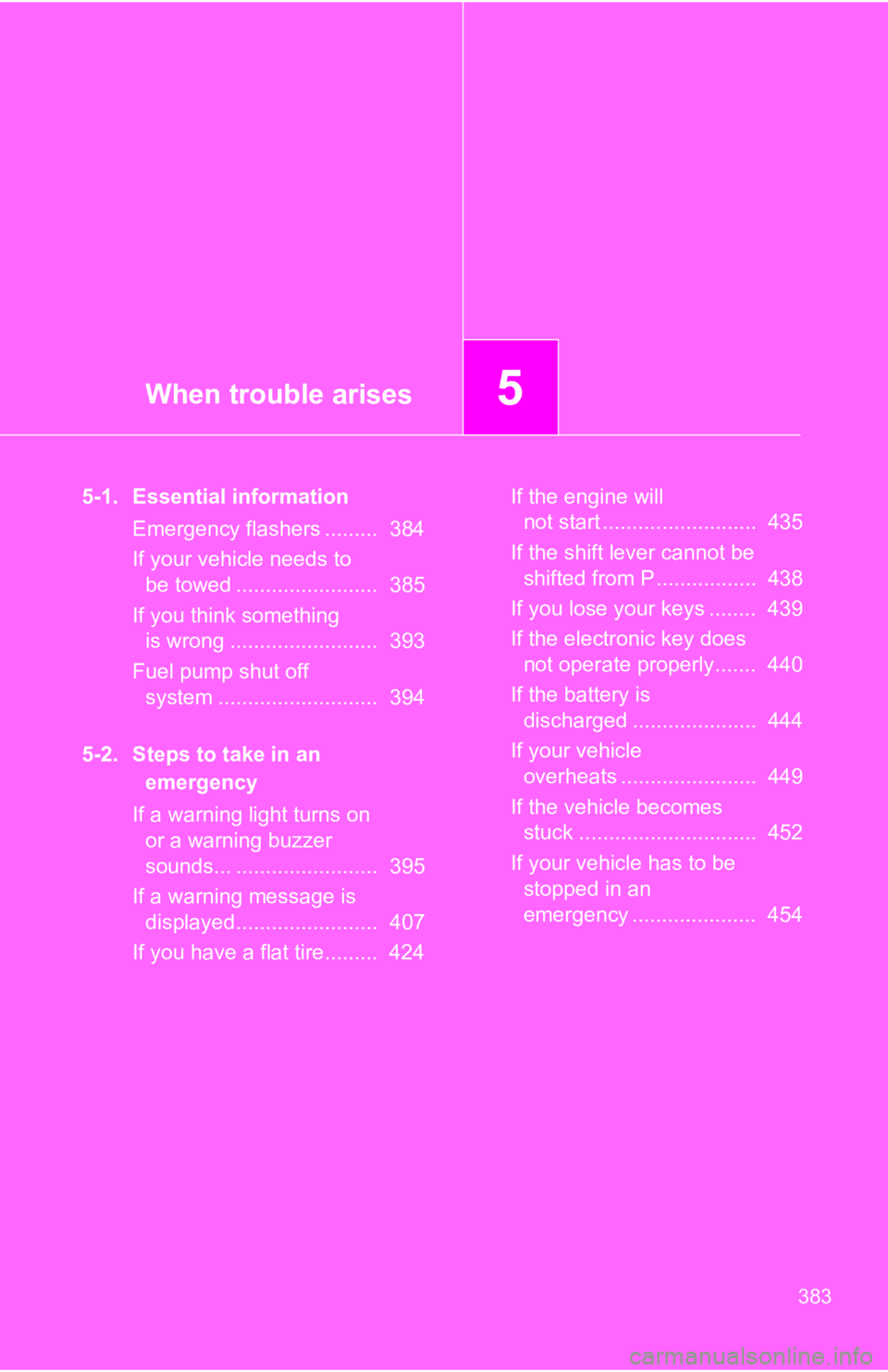TOYOTA 86 2019  Owners Manual When trouble arises
5
3835-1. Essential information
Emergency flashers .........  384
If your vehicle needs to 
be towed ........................  385
If you think something 
is wrong ................