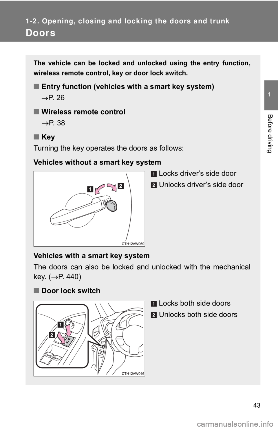 TOYOTA 86 2019  Owners Manual 43 11-2. Opening, closing and locking the doors and trunk
Before driving
Doors The  vehicle  can  be  locked  and  unlocked  using  the  entry  function ,
wireless remote control, k ey or door lock sw