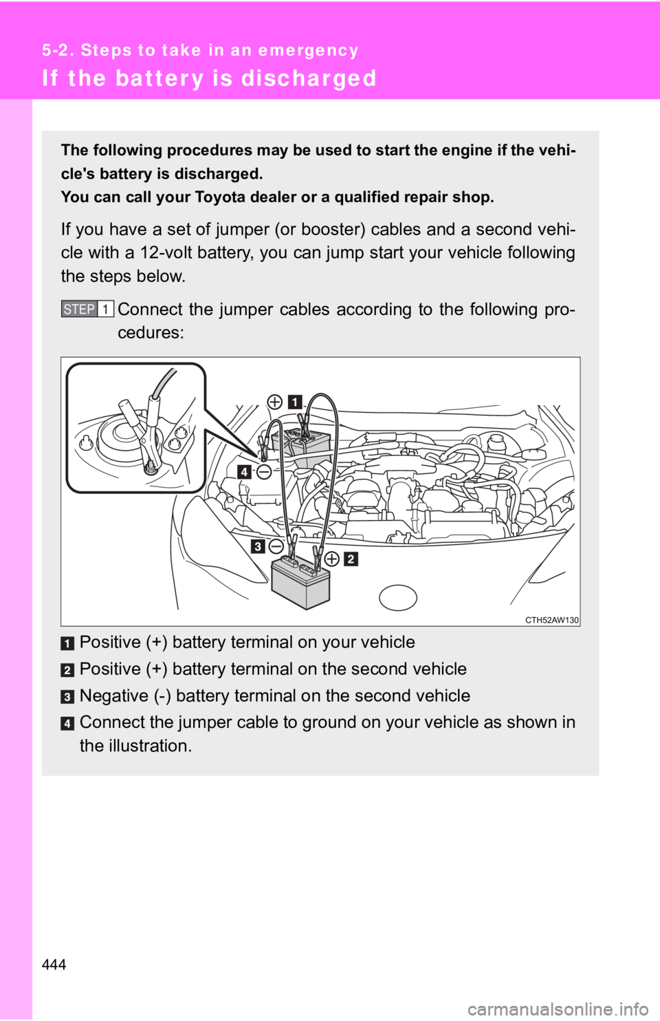 TOYOTA 86 2019  Owners Manual 4445-2. Steps to take in an emergency
If  the batter y is discharged The following procedures may be u sed to start the engine if the  vehi-
cle's battery is discharged. 
You can call your Toyota 