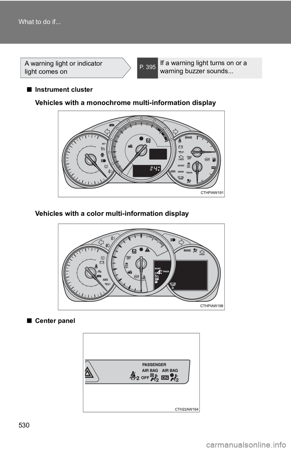 TOYOTA 86 2019  Owners Manual 530What to do if...
■ Instrument cluster
■ Center panelA warning light or indicator 
light comes on P. 395
If a warning light turns on or a 
warning buzzer sounds...
Vehicles with a monochrome mul