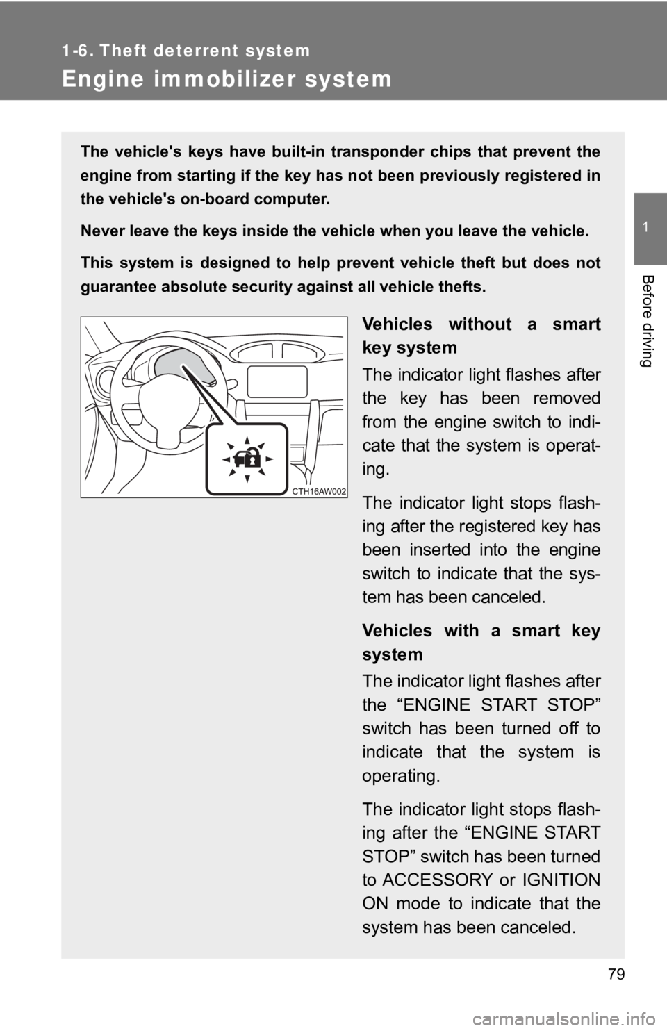 TOYOTA 86 2019 Owners Manual 79 1
Before driving 1-6. Theft deterrent system
Engine immobilizer system The vehicle's keys have built-in tr ansponder chips that prevent the
engine from starting if the key has not bee TOYOTA 86 2019 Owners Manual 79 1
Before driving 1-6. Theft deterrent system
Engine immobilizer system The vehicle's keys have built-in tr ansponder chips that prevent the
engine from starting if the key has not bee
