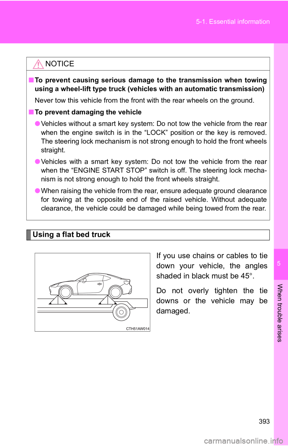 TOYOTA 86 2020  Owners Manual 5
When trouble arises
393
5-1. Essential
 information
Using a flat bed truck
If you use chains or cables to tie
down  your  vehicle,  the  angles
shaded in black must be 45.
Do  not  overly  tighte