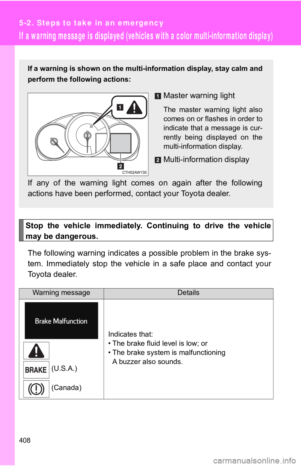 TOYOTA 86 2020  Owners Manual 408
5-2. Steps to take in an emergency
If  a warning message is displayed (vehicles with a color multi-information display)
Stop  the  vehicle  immediately. Continuing  to  drive  the  vehicle
may be 