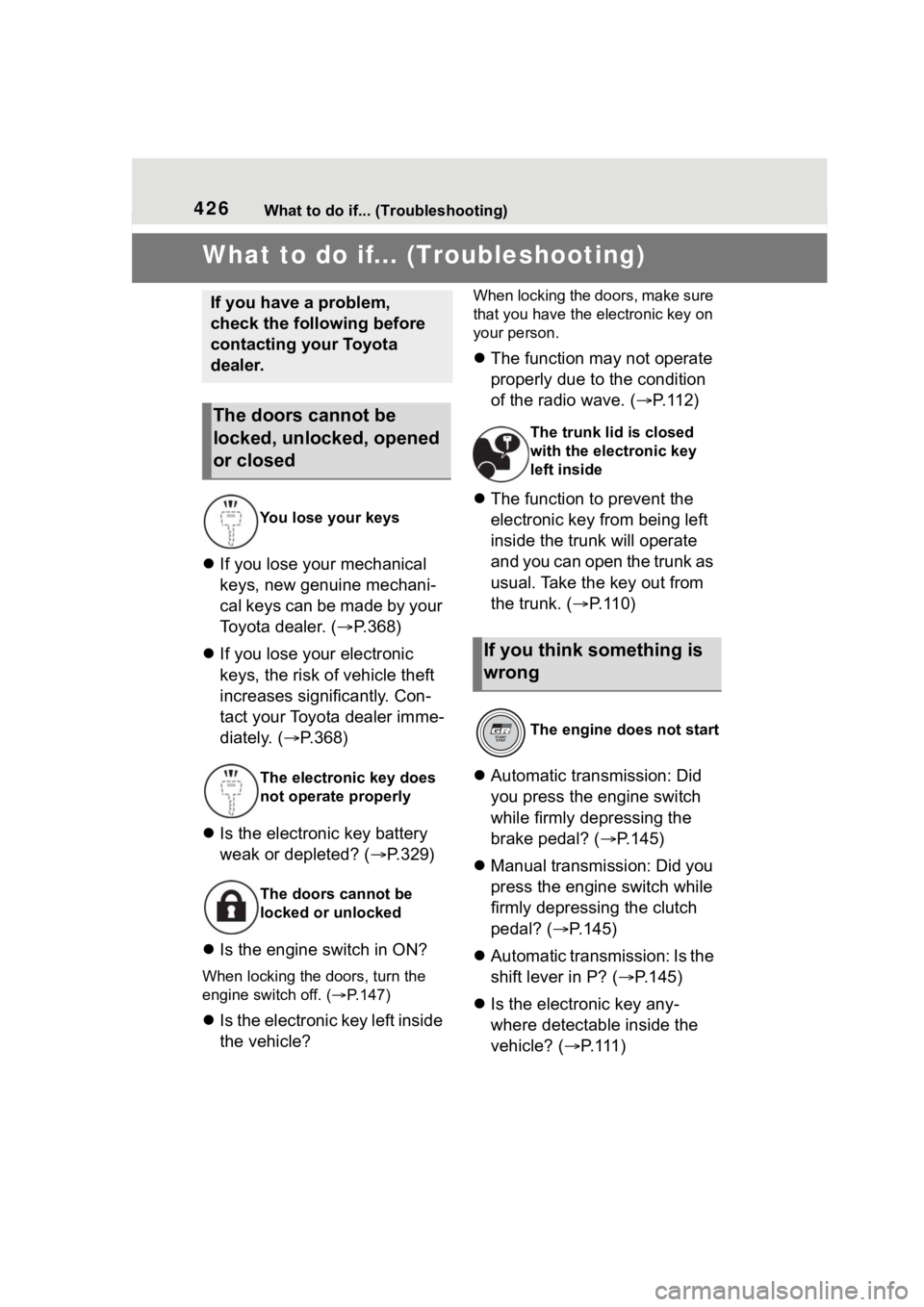 TOYOTA 86 2022  Owners Manual 426What to do if... (Troubleshooting)
1-1.What to do if... (Troubleshooting)What to do if... (Troubleshooting)
If you lose your mechanical 
keys, new genuine mechani-
cal keys can be made by your 
