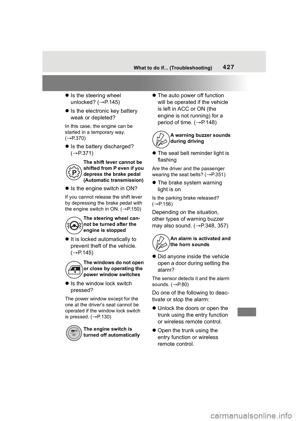TOYOTA 86 2022  Owners Manual 427What to do if... (Troubleshooting)
Is the steering wheel 
unlocked? ( P.145)
 Is the electronic key battery 
weak or depleted?
In this case, the engine can be 
started in a temporary way. 