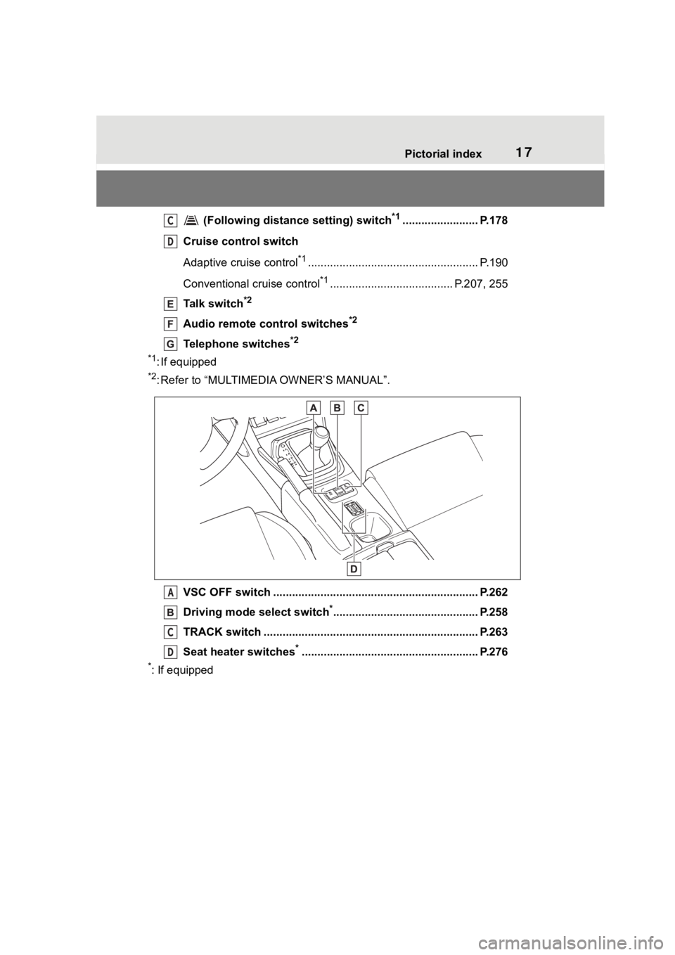 TOYOTA 86 2023  Owners Manual 17Pictorial index
 (Following distance setting) switch*1........................ P.178
Cruise control switch
Adaptive cruise control
*1...................................................... P.190
Conv