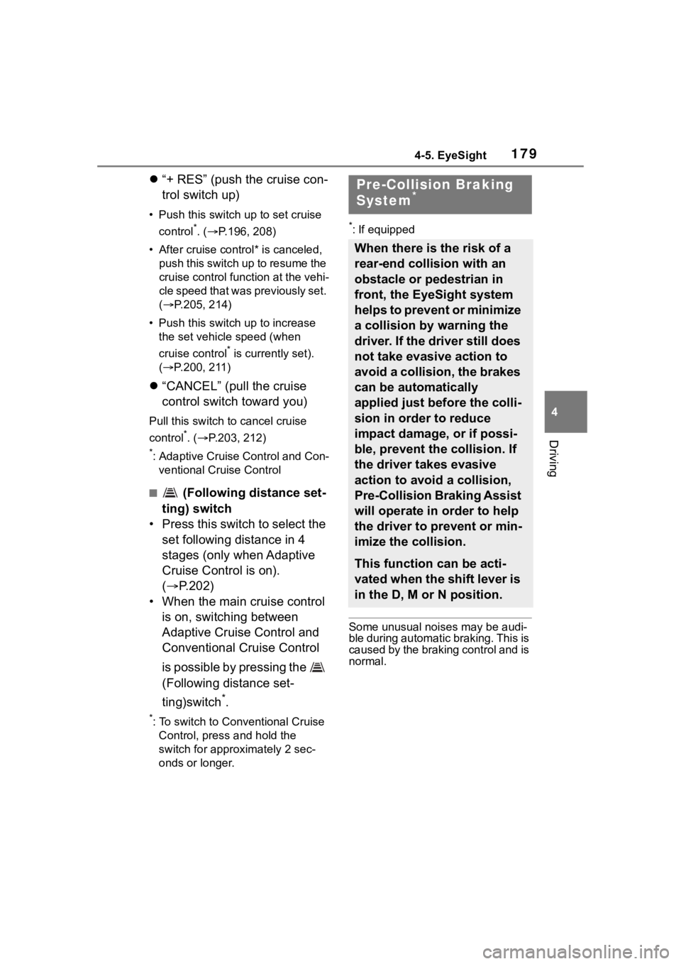 TOYOTA 86 2023 Owners Manual 1794-5. EyeSight
4
Driving
“+ RES” (push the cruise con-
trol switch up)
• Push this switch up to set cruise
control
*. ( P.196, 208)
• After cruise control* is canceled, push this sw TOYOTA 86 2023 Owners Manual 1794-5. EyeSight
4
Driving
“+ RES” (push the cruise con-
trol switch up)
• Push this switch up to set cruise
control
*. ( P.196, 208)
• After cruise control* is canceled, push this sw