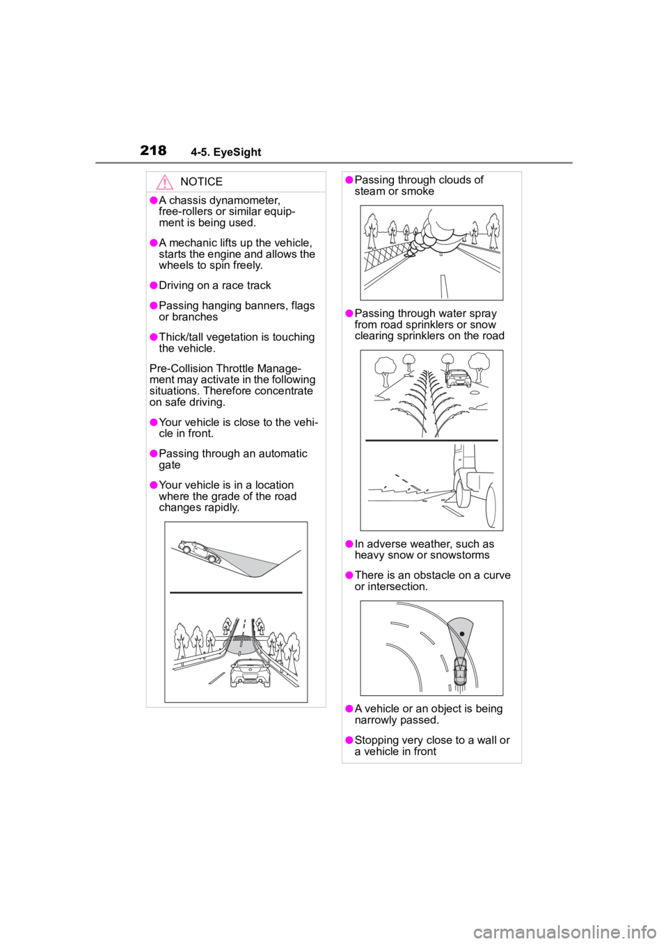 TOYOTA 86 2023  Owners Manual 2184-5. EyeSight
NOTICE
●A chassis dynamometer, 
free-rollers or similar equip-
ment is being used.
●A mechanic lifts up the vehicle, 
starts the engine and allows the 
wheels to spin freely.
●D