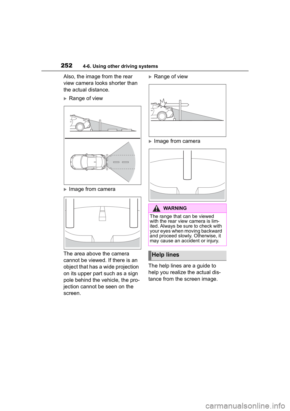 TOYOTA 86 2023  Owners Manual 2524-6. Using other driving systems
Also, the image from the rear 
view camera looks shorter than 
the actual distance.
Range of view
Image from camera
The area above the camera 
cannot be viewe