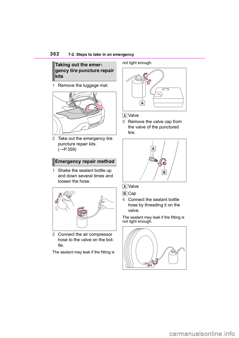 TOYOTA 86 2023  Owners Manual 3627-2. Steps to take in an emergency
1Remove the luggage mat.
2 Take out the emergency tire 
puncture repair kits. 
( P.359)
1 Shake the sealant bottle up 
and down several times and 
loosen the h