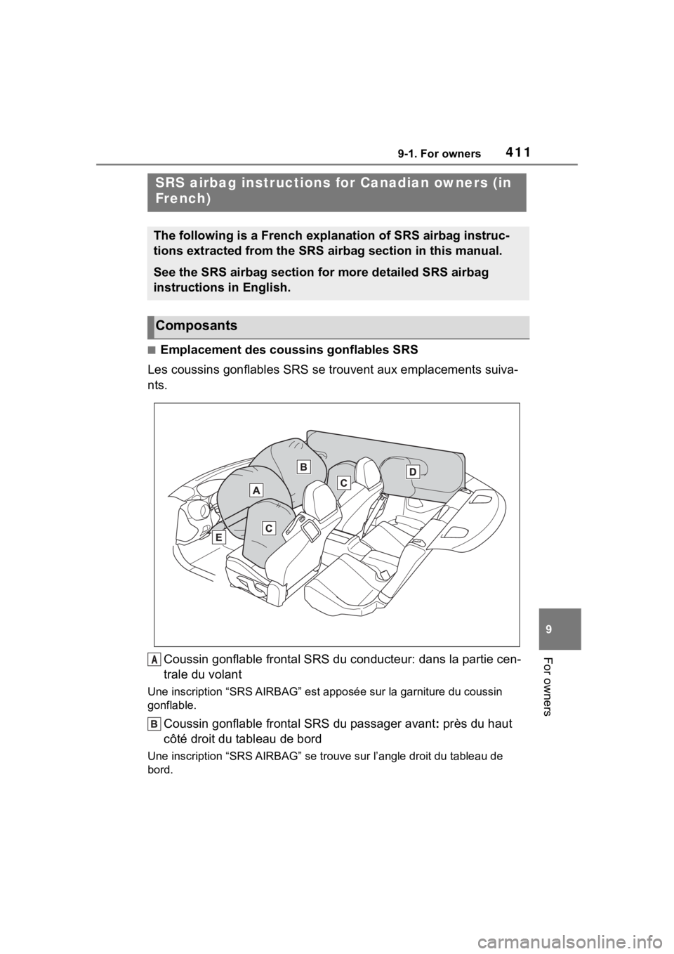 TOYOTA 86 2023  Owners Manual 4119-1. For owners
9
For owners
■Emplacement des coussins gonflables SRS
Les coussins gonflables SRS se trouvent aux emplacements suiva-
nts.
Coussin gonflable frontal SRS du conducteur: dans la par