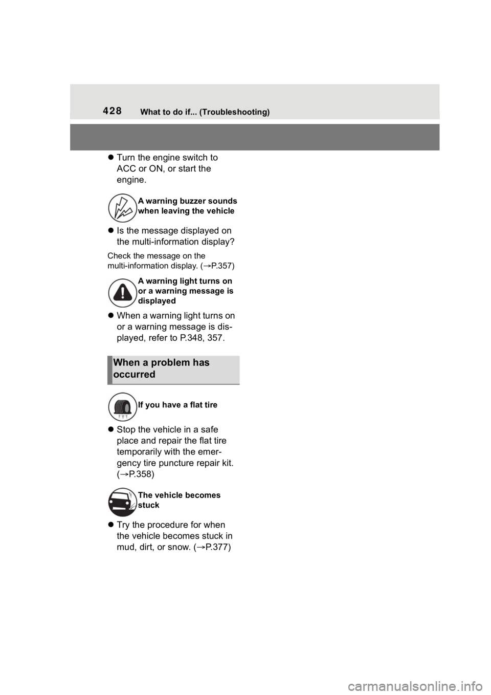 TOYOTA 86 2023  Owners Manual 428What to do if... (Troubleshooting)
Turn the engine switch to 
ACC or ON, or start the 
engine.
 Is the message displayed on 
the multi-information display?
Check the message on the 
multi-inf