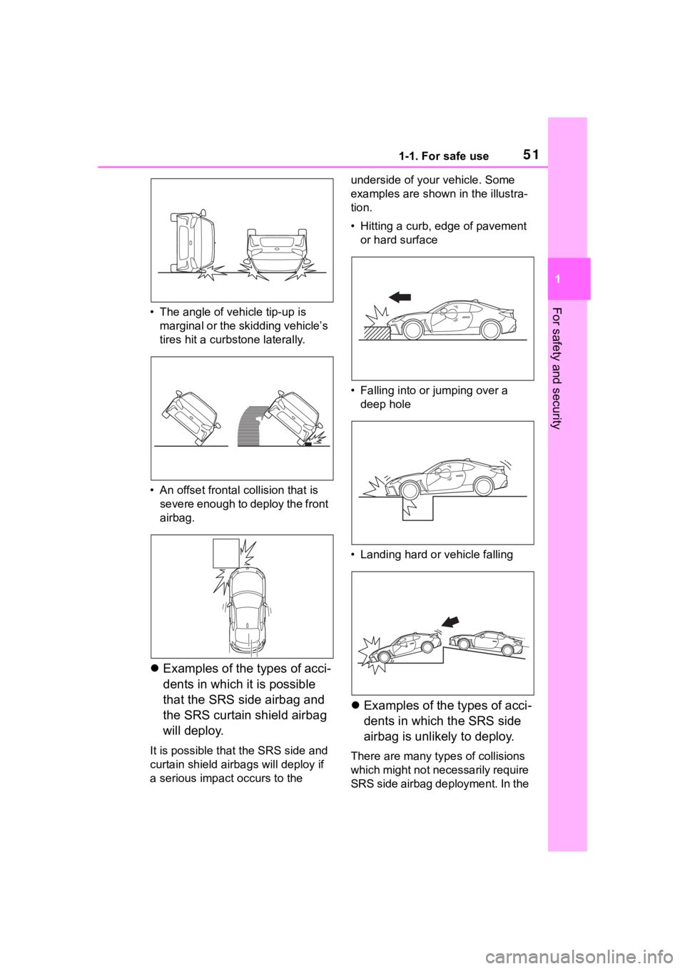 TOYOTA 86 2023  Owners Manual 511-1. For safe use
1
For safety and security• The angle of vehicle tip-up is marginal or the skidding vehicle’s 
tires hit a curbstone laterally.
• An offset frontal  collision that is 
severe 