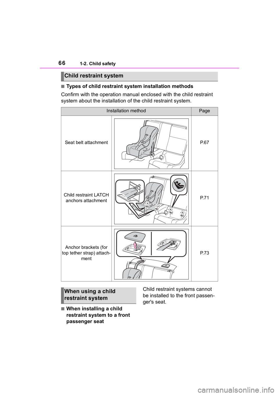 TOYOTA 86 2023  Owners Manual 661-2. Child safety
■Types of child restraint system installation methods
Confirm with the operation manual enclosed with the child restr aint 
system about the installation of the child restraint s