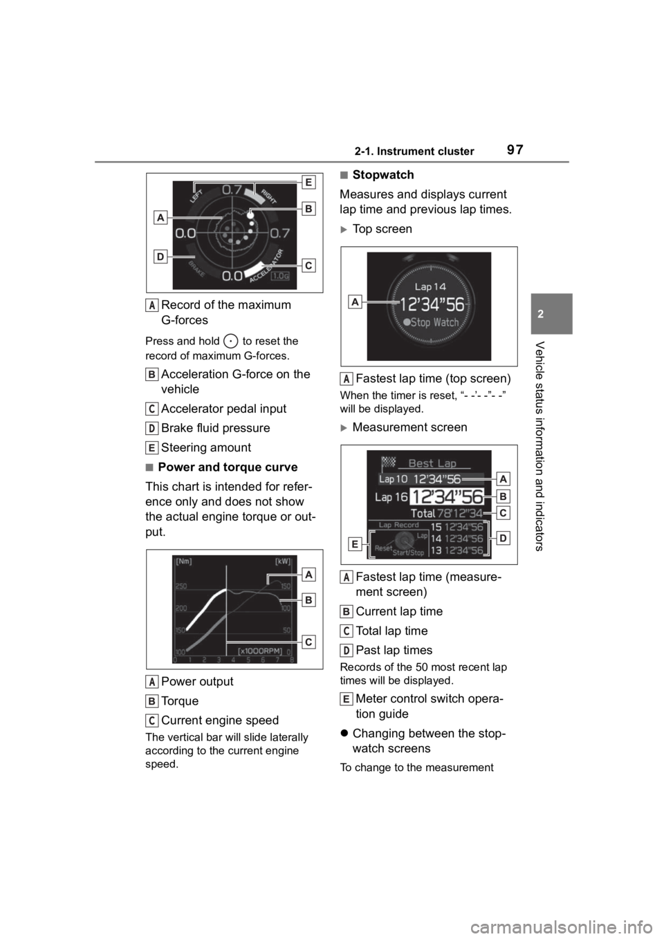 TOYOTA 86 2023  Owners Manual 972-1. Instrument cluster
2
Vehicle status information and indicators
Record of the maximum 
G-forces
Press and hold   to reset the 
record of maximum G-forces.
Acceleration G-force on the 
vehicle
Ac