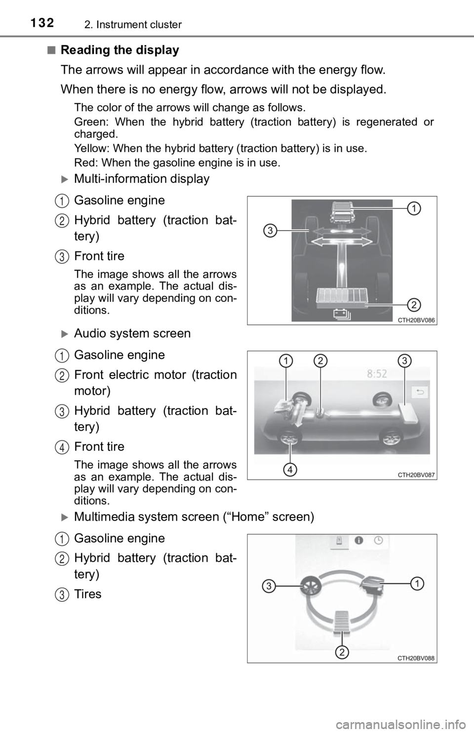 TOYOTA AVALON HYBRID 2022  Owners Manual 1322. Instrument cluster
■Reading the display
The arrows will appear in accordance with the energy flow.
When there is no energy flow, a rrows will not be displayed.
The color of the arrows will cha