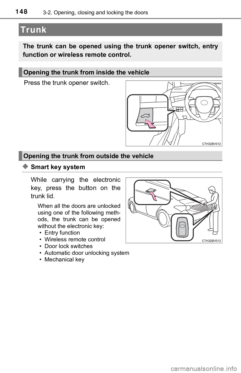 TOYOTA AVALON HYBRID 2022  Owners Manual 1483-2. Opening, closing and locking the doors
Press the trunk opener switch.
◆Smart key system
While  carrying  the  electronic
key,  press  the  button  on  the
trunk lid.
When all the doors are u