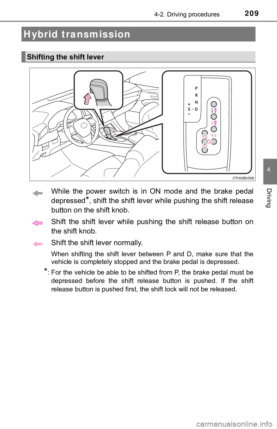 TOYOTA AVALON HYBRID 2022  Owners Manual 2094-2. Driving procedures
4
DrivingWhile  the  power  switch  is  in  ON  mode  and  the  brake  pedal
depressed
*, shift the shift lever while pushing the shift release
button on the shift knob.
Shi