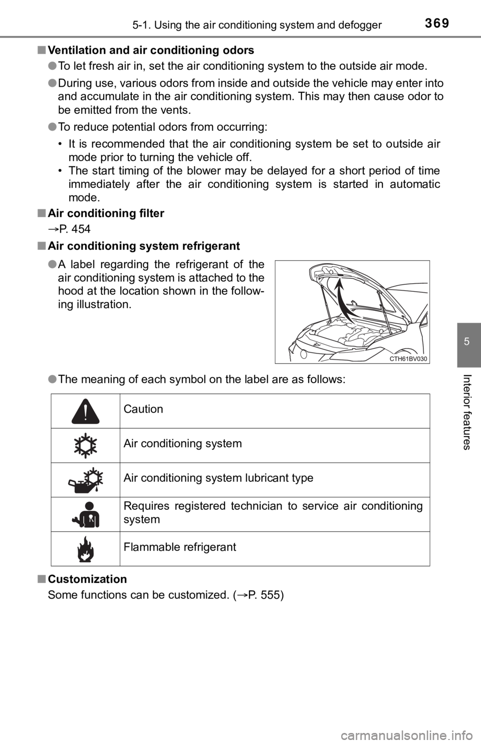 TOYOTA AVALON HYBRID 2022  Owners Manual 3695-1. Using the air conditioning system and defogger
5
Interior features
■Ventilation and air conditioning odors
●To let fresh air in, set the air conditioning system to the out side air mode.
