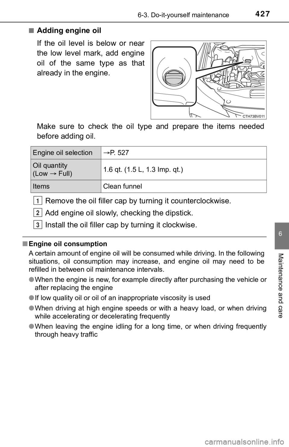 TOYOTA AVALON HYBRID 2022  Owners Manual 4276-3. Do-it-yourself maintenance
6
Maintenance and care
■Adding engine oil
If  the  oil  level  is  below  or  near
the  low  level  mark,  add  engine
oil  of  the  same  type  as  that
already i