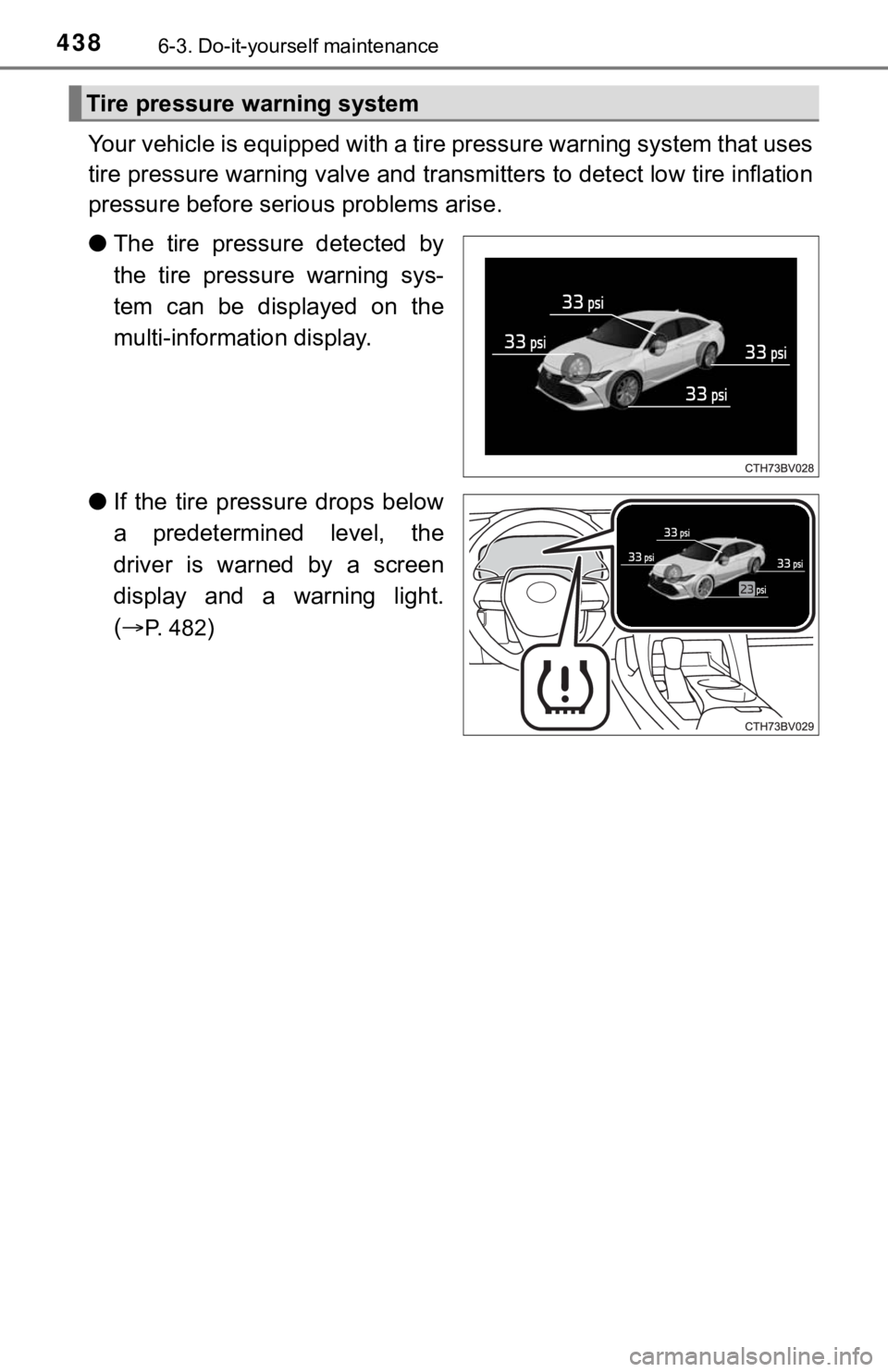 TOYOTA AVALON HYBRID 2022  Owners Manual 4386-3. Do-it-yourself maintenance
Your vehicle is equipped with a tire pressure warning system that uses
tire pressure warning valve and t ransmitters to detect low tire inflation
pressure before ser
