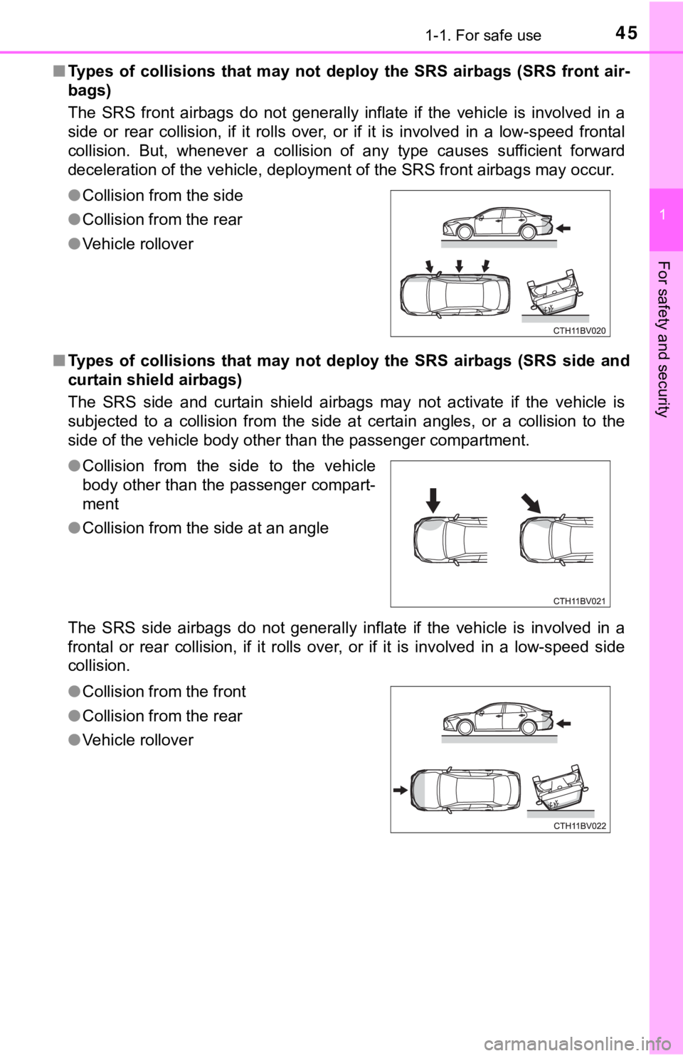 TOYOTA AVALON HYBRID 2022  Owners Manual 451-1. For safe use
1
For safety and security
■Types  of  collisions  that  may  not  deploy  the  SRS  airbags  (SRS  fr ont  air-
bags)
The  SRS  front  airbags  do  not  generally  inflate  if  t