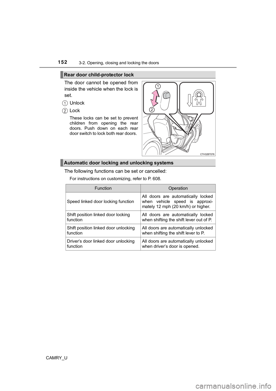 TOYOTA CAMRY 2022  Owners Manual 1523-2. Opening, closing and locking the doors
CAMRY_U
The  door  cannot  be  opened  from
inside the vehicle when the lock is
set.Unlock
Lock
These  locks  can  be  set  to  prevent
children  from  o