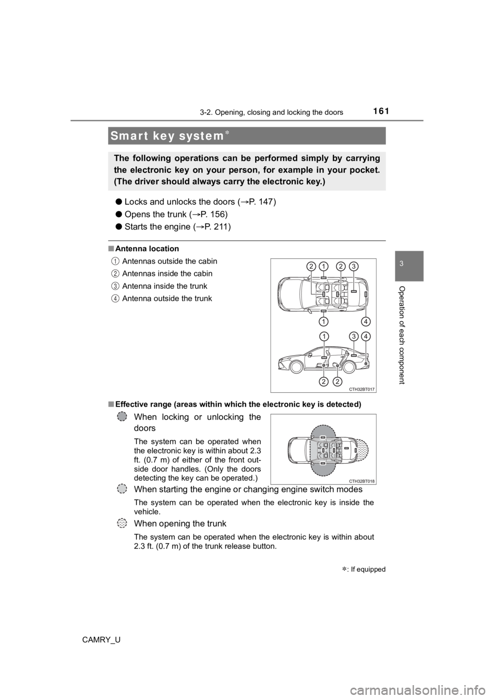 TOYOTA CAMRY 2022  Owners Manual 1613-2. Opening, closing and locking the doors
3
Operation of each component
CAMRY_U
●Locks and unloc ks the doors (P. 147)
● Opens the trunk ( P.   1 5 6 )
● Starts the engine ( P.   2