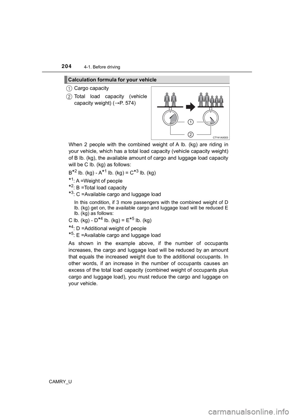 TOYOTA CAMRY 2022  Owners Manual 2044-1. Before driving
CAMRY_U
Cargo capacity
Total  load  capacity  (vehicle
capacity weight) (P. 574)
When  2  people  with  the  combined  weight  of  A  lb.  (kg)  are  riding  in
your vehicle,