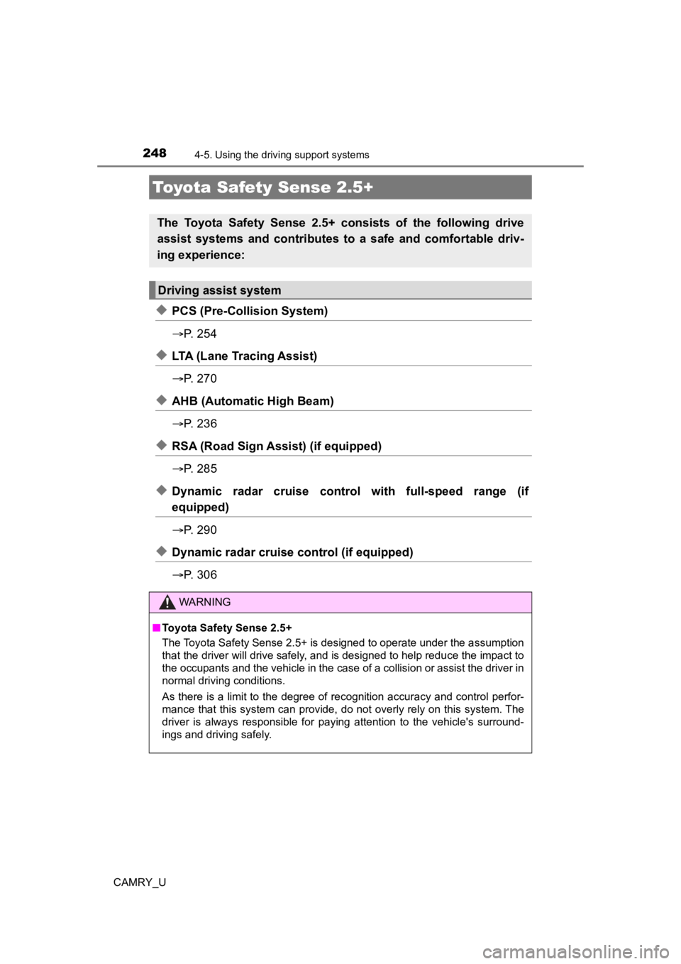 TOYOTA CAMRY 2022  Owners Manual 248
CAMRY_U
4-5. Using the driving support systems
◆PCS (Pre-Collision System)
P.   2 5 4
◆LTA (Lane Tracing Assist)
P.   2 7 0
◆AHB (Automatic High Beam)
P.   2 3 6
◆RSA (Road Sign A