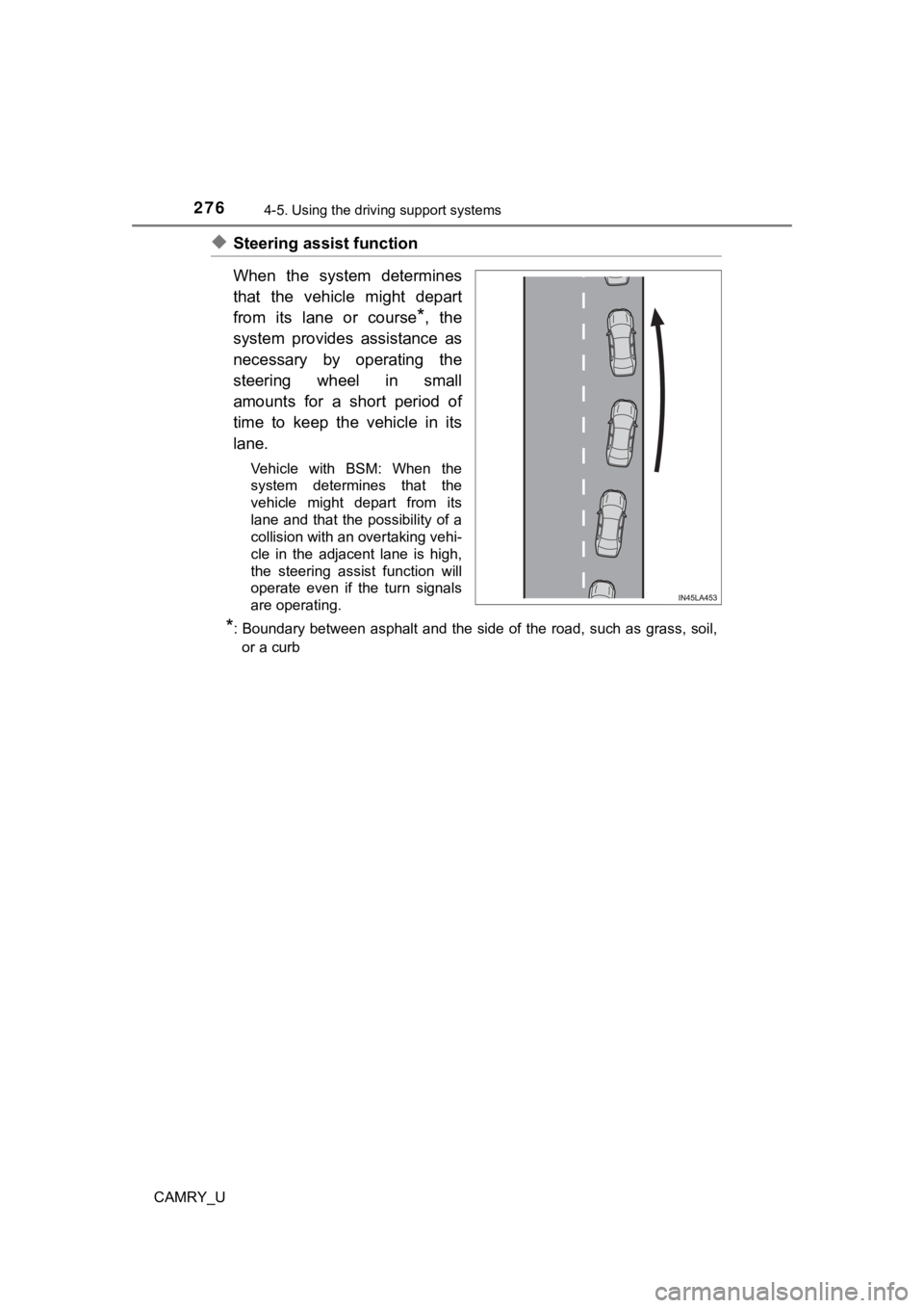TOYOTA CAMRY 2022  Owners Manual 2764-5. Using the driving support systems
CAMRY_U
◆Steering assist function
When  the  system  determines
that  the  vehicle  might  depart
from  its  lane  or  course
*,  the
system  provides  assi