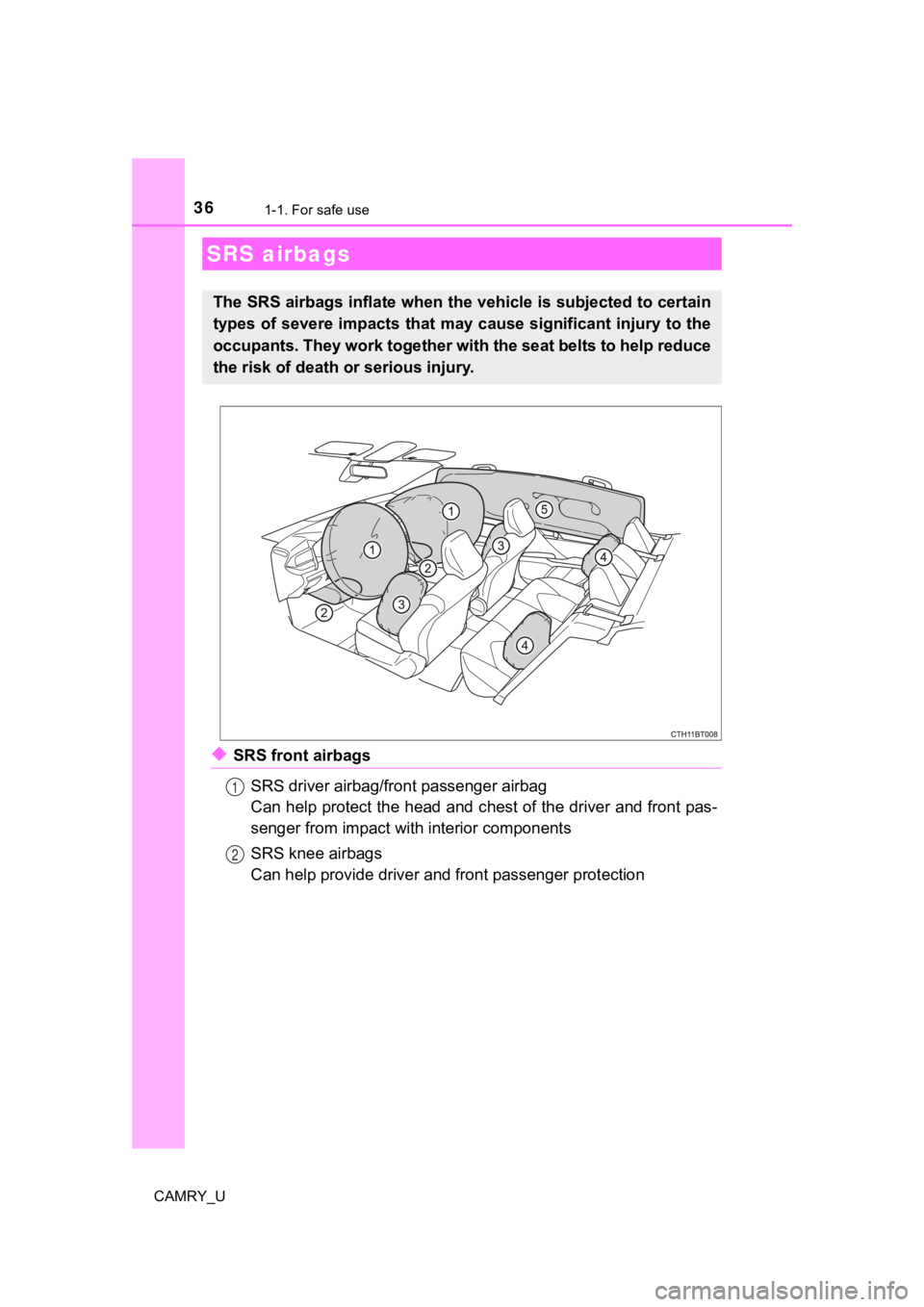 TOYOTA CAMRY 2022  Owners Manual 361-1. For safe use
CAMRY_U
◆SRS front airbagsSRS driver airbag/front passenger airbag
Can help protect the head and c hest of the driver and front pas-
senger from impact with interior components
S