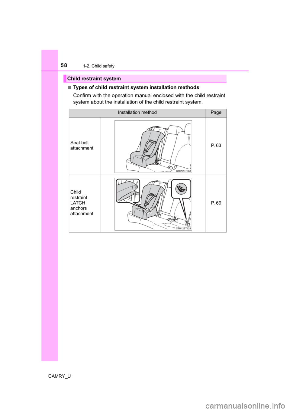 TOYOTA CAMRY 2022  Owners Manual 581-2. Child safety
CAMRY_U■
Types of child restraint s
ystem installation methods
Confirm with the operation manual enclosed with the child restr aint
system about the installation  of the child re
