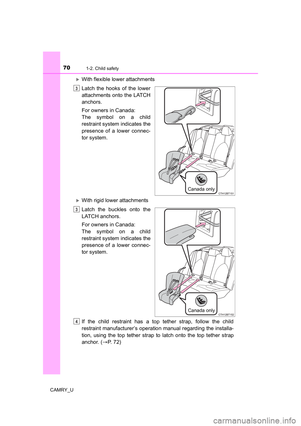 TOYOTA CAMRY 2022  Owners Manual 701-2. Child safety
CAMRY_U
With flexible lower attachments
Latch  the  hooks  of  the  lower
attachments onto the LATCH
anchors.
For owners in Canada:
The  symbol  on  a  child
restraint system in